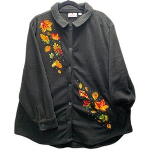 QUACKER FACTORY | 1XL WOMEN'S | FALLING LEAVES FLEECE SHACKET in BLACK ORANGE